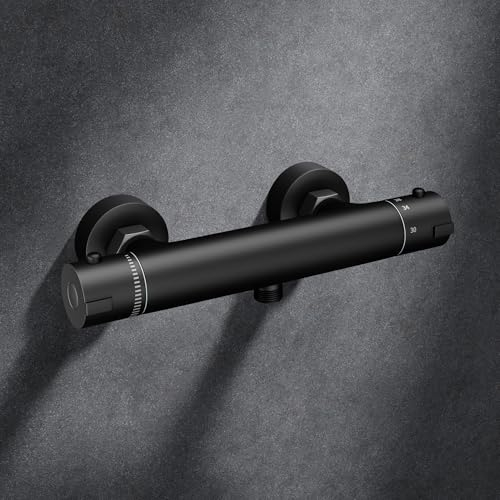 MORADO Miscelatore Doccia Termostatico Nero, Rubinetto da Muro con Blocco di Sicurezza a 38°, Forma Rotonda