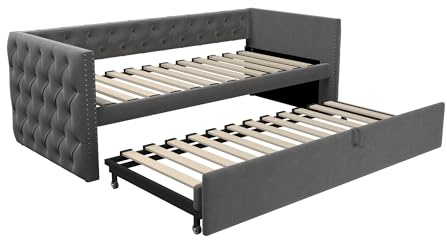 Azkoeesy Funktionsbett mit Ausziehbett, 90x200 cm, umwandelbares Tagesbett in Doppelbett 180x200 cm, Schlafsofa, mit Klassische Knopfsteppung und Nietenverzierung, Samtstoff-Bezug, Dunklegrau