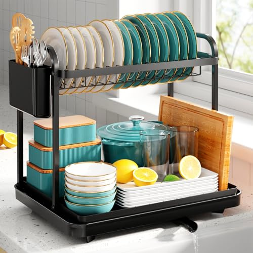 Kitsure Abtropfgestell Geschirr 2-Ebenen für Arbeitsplatte, 38 x 29 x 38 cm | Kompakter Geschirrabtropfer mit verstellbarem Ablauf, rost- und kratzbeständig, ideal für eine saubere Küchentheke