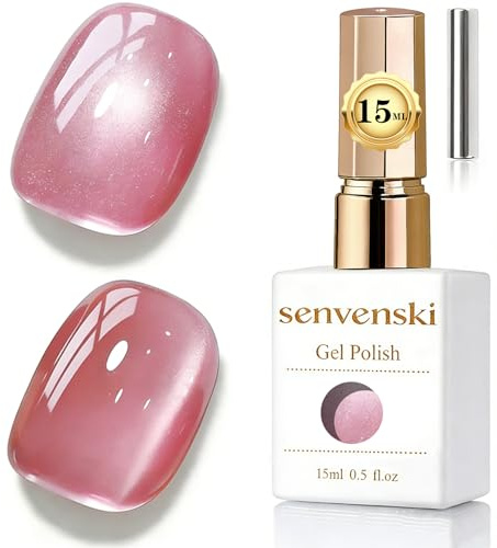 Senvenski Gelée Vitrail Cat Eye Vernis Semi Permanent, 15ml Oeil de Chat Magnétique Gel 3D Holographique Brillant Translucide Couleur Vernis Gel pour French Manucure (Rose, MY1-005)