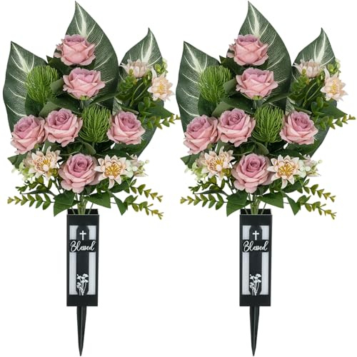 Memobloom Cemetery Flowers for Grave Vase: 2 Pcs Pink Roses Realistic Memorial Day Flowers Bouquets - Spring Outdoor Grave Decorations