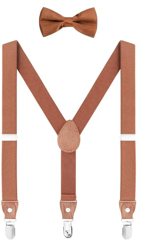 WANYING Unisex småbarn barn hängslen flugset – Y form 3 klämmor bredd 2,5 cm elastiska hängslen & fluga för 3–8 år gammal – brun, Enfärgad brun - med fluga, 2-8 År