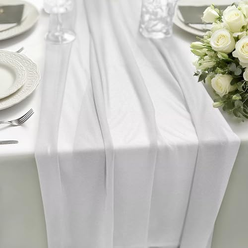 Chiffon Tischläufer Weiß 70x300cm 1 Stück, Table Runner Stoff Tischdeko, dekoratives Tischband Hochzeit für Hochzeitsdeko, Tischdeko Geburtstag, Babyparty, Küche Tisch Dekoration Drinnen Urlaub