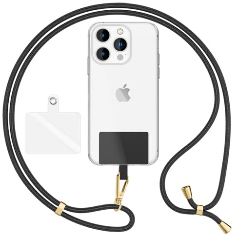 NALIA Universal Handykette für alle Smartphones, Schwarz, Gold Metall | Klebefreie Montage, Reißfestes Nylon-Gewebe, Klarer und farbiger Einleger, Auch für Kamera und Wallet, HOLDME AIR