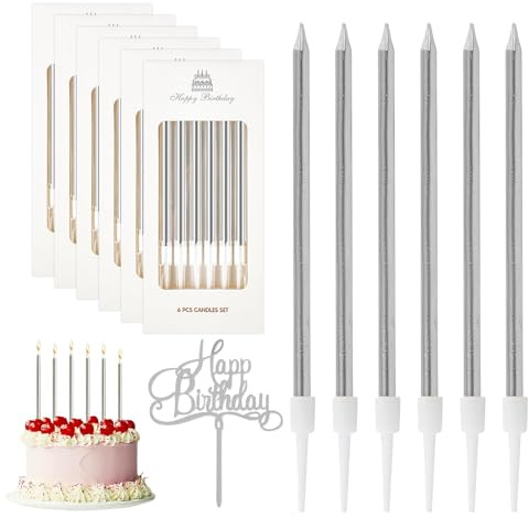 Geburtstagskerzen für Torte, 36 Stück Silber Geburtstagskerzen, Geburtstagskerzen Kuchen, Dünn und Lang, für Geburtstage, Hochzeitsfeiern, Brautduschen, Babyduschen, Dekorative Geburtstagstorte