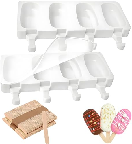 2 Pack Silicone Popsicle Molds, 4 Cavities Oval Ice Cream Pop Molds with 100 Wooden Sticks, Clear Reusable DIY Homemade Ice Pop Maker