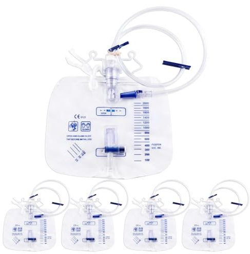 5 Pack 2000ml Urine Drain Bag with Anti Reflux System 50 Inch Flexible Tube Slide Drain Valve Dual Hook and Rope Design Clear Graduated Markings for Daily Liquid Collection