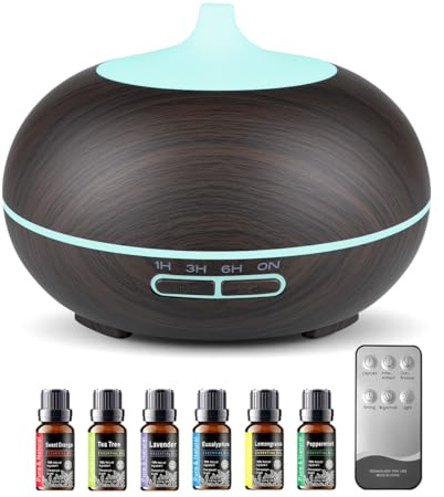 550ml Large Capacity Essential Oil Diffuser with 6 Essential Oil Set, Aromatherapy Ultrasonic Air Humidifier with Timer Setting, 7 Color LED Night Light and Waterless Auto-Off Functions for Home, Spa