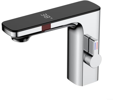 Sandyseptember Grifo de lavabo con sensor inteligente con pantalla digital, grifo mezclador de agua fría y caliente, latón cromado, automático, sin contacto, grifo de lavabo de baño, estilo