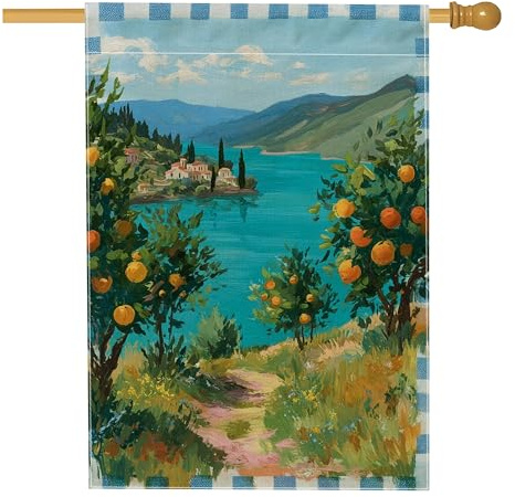 Drapeau de jardin paysager d'été, maison du lac bleu, orangers, bannière de décoration d'intérieur, drapeau double face en toile de jute, décoration de pelouse extérieure, 71 x 101,6 cm