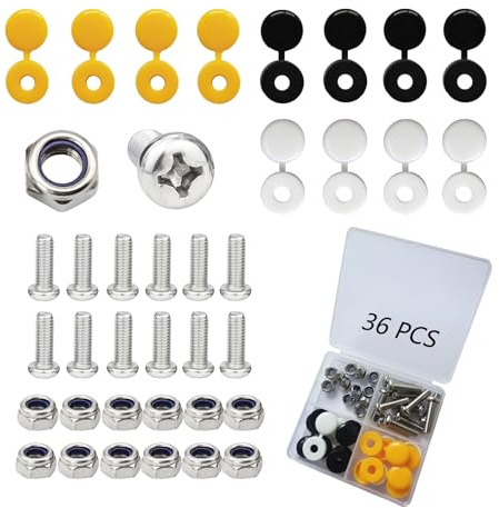 Car Number Plate Fixings, M6 Stainless Steel Number Plate nuts and bolts, 12 Sets 36 Piece, License Plate Fixing Bolts with Mixed Color Hinge Caps for Car Auto Motorcycle