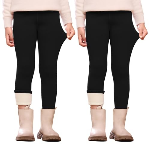 Kfnire Leggins Termicos Niña Pack de 2 Invierno Leggings Térmicos con Forro Polar Cálidas Suaves y Elásticas (Negro+Negro,130)