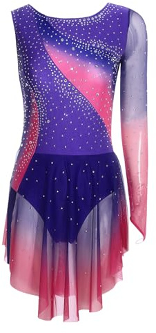 CHICTRY Body da Pattinaggio Artistico per Donna con Paillettes Body Danza Ginnastica con Gonnellino Monospalla Leotards da Balletto Abito da Ballo Latino Jazz Viola M