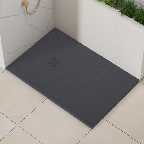 Luxor Rectangular 1200 x 800 x 30mm Grey Slate Effect Stone Shower Tray Slip-Resistance for Shower Enclosure with Grey Cover Grate