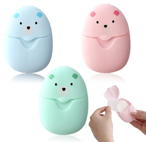 DOVBAN 150 Pièces Feuille de Savon de Voyage,Savon Portable,Essentiels pour le Sac à Dos,Jetable,Adapté aux Enfants en Voyage,Bleu + Vert + Rose (Boîtes / 50 Pièces)