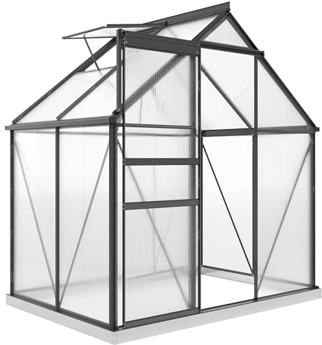 Outsunny Serra da Giardino in Policarbonato con Telaio in Lega di Alluminio 2.5㎡, Serra per Orto con Fondazione, Grondaie, Finestra a Tetto Regolabili, Porta a Battente, per Piante, Anti UV, Grigio