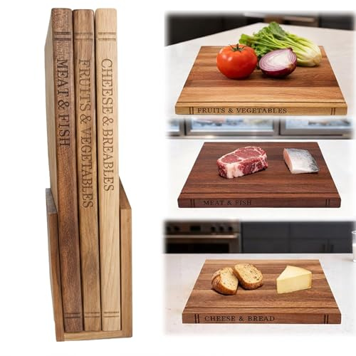 Set di 3 Taglieri in Legno a Forma di Libro per Cucina, 33×25,5×2 cm Taglieri in Acacia Stile Libro, Grande Tagliere in Sapele con Supporto, Senza BPA, Facile da Pulire