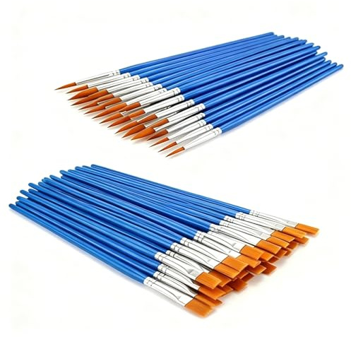 100 Pack Paint Brushes Set, 50 Round Pointed & 50 Flat Nylon Art Brushes, Yellow Bristle with Protective Caps, for Acrylic Watercolour Painting, Doodling, Gypsum Dolls & Crafts (Blue, 100Pcs)