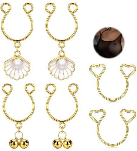 AVYRING 3 Pairs Fake Nipple Piercing Non-Piercing Adjustable – Faux Pearl Shell Charm, Bell Drop & Hollow Heart – 316L Stainless Steel Nipple Rings for Women No Piercing Pain, Gold, Cute & Sexy