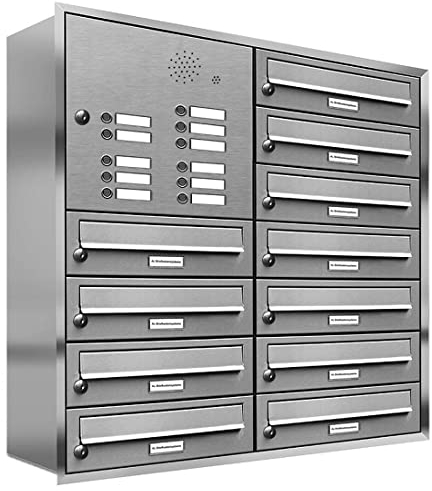 AL Briefkastensysteme, 11er Unterputzbriefkasten, Briefkasten mit Klingel, 11 Fach, Briefkastenanlage modern, rostfrei Edelstahl Postkasten