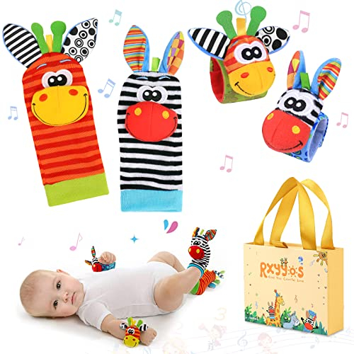 Hmjunboys Baby Rasseln Spielzeug Handgelenk und Socken, Plüschtiere Entwicklungsspielzeug für Neugeborene, Mädchen und Jungen, Babygeschenk Mehrfarbig 2 Hände Rasseln 2 Socken Rasseln