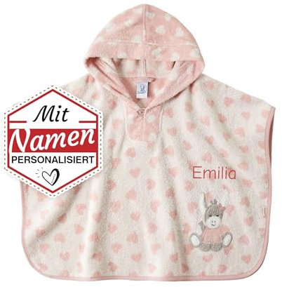 LALALO Sterntaler Bade Poncho mit Namen bestickt für Baby & Kinder, Mädchen Emmi Girl Badetuch, Badeponcho, Kapuzenbadetuch, Handtuch mit Ärmeln und Kapuze