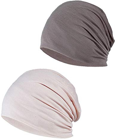 YOFASEN Slouchy Beanie Mütze - Chemo Cancer Kopfbedeckung aus Baumwolle Schlafmütze Turban Kopfbedeckung Strecken Muslimisches Kopftuch für Frauen Männer(2er Pack), Khaki + Beige, One size
