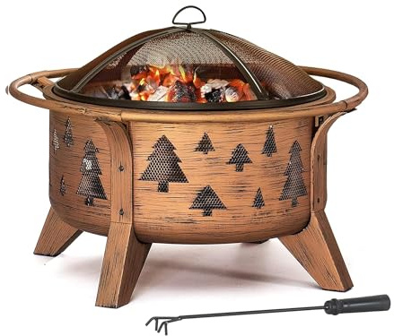 SUNJOY 76 cm Feuerschale mit Weihnachtsbaum-Design – Feuerkorb aus Stahl mit Funken-Schutz und Schürhaken für Terrasse & Garten