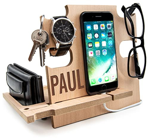 Regalo per Uomini, Docking Station in Legno, Organizzatore da Scrivania per Lui - Svuota Tasche Personalizzzato, Svuotatasche per Uomo, Regalo San Valentino, Regali Natale (NATURALE)
