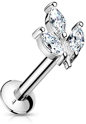 Paula & Fritz® Push-In Labret Piercing Blatt Silber Zirkonia Klar Chirurgenstahl 316L Set 8-mm Stab-Länge Madonna Medusa Ohr-Stecker Labret Stud Helix