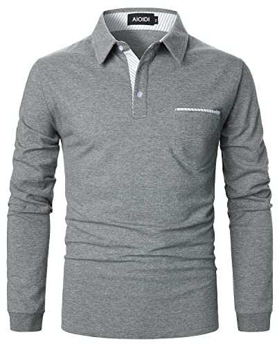 AIOIDI Baumwolle Herren Plaid Poloshirt Langarm Basic Tennis Polohemd Polo