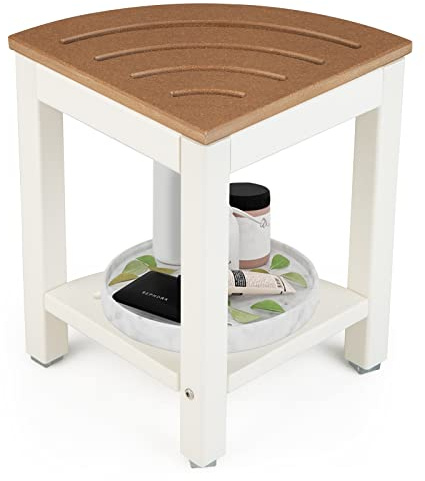 COSTWAY Duschbank Bad, Sitzbank mit Ablage, Badhocker Fächerförm, bis 165 kg belastbar, Badezimmerbank Duschstuhl, Eck-Duschhocker Braun+Weiß, 32,5x32,5x43,5 cm