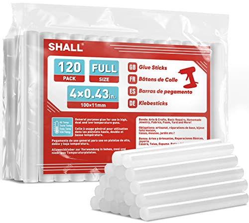 SHALL Full Size Hot Glue Sticks, 0.43” Dia x 4” Long, 120-pack Clear Hot Melt Glue Gun Sticks for All-Temp Glue Guns, Multipurpose for Kids Adults DIY Art Craft Sealing Repairing Festival Decoration