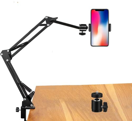 Overhead Tripod Mount for Camera Webcam Ring Light, Long Over Head Articulating Arm with Phone Holder and Ball Head, Desktop Lazy Arm Clamp Phone Stand Accessory for Live Streaming,Video Recording