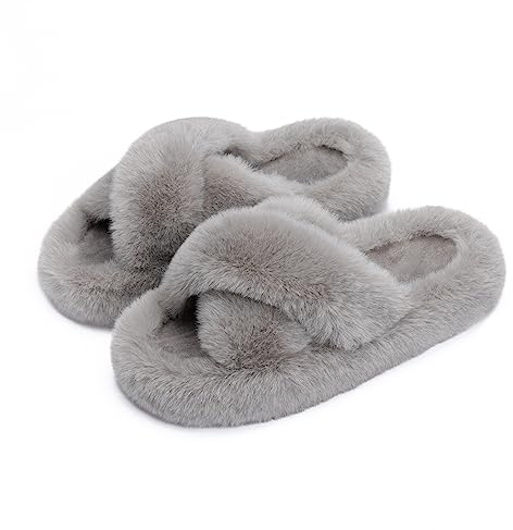 Chantomoo Women's Cross Slippers Memory Foam House Bedroom Slippers for Women Fuzzy Plush Comfy Faux Fur Lined Slide Shoes Anti-Skid Sole Trendy Gift Slippers Grey Size 9 10 8.5