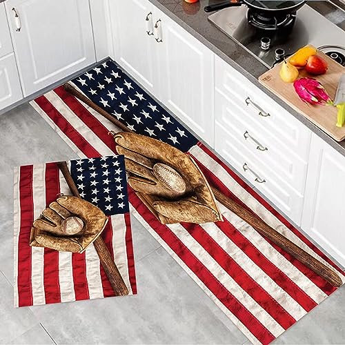 Kitchen Rug Sets Non Slip Kitchen Floor Carpet Mats,Sports,Vintage Baseball League Equipment with Usa American Flag Field,Machine Washable Floor Rug for Laundry Room Entryway Kitchen(45x70cm+45x120cm)