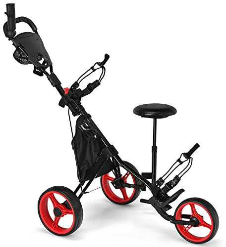 GYMAX Golf Push Pull Cart, Lightweight 3 Wheels Golf Trolley with Storage Bag, Foot Brake, Adjustable Umbrella Holder, Padded Seat and 4 Height Position Handle, Foldable Golf Bag Holder