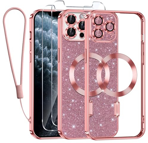 Kokio Handykette für iPhone 11 Pro Max Hülle mit Band, [Kompatibel mit MagSafe] Glitzer Magnetisch Handyhülle für iPhone 11 Pro Max mit 2 Stück Schutzfolie Stoßfeste Silikon TPU Schutzhülle, Rosa