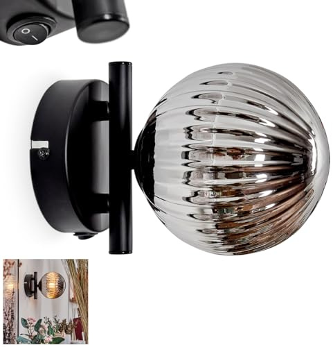 Wandleuchte Chehalis, Wandlampe aus Metall/Riffelglas in Schwarz/Rauchfarben, Leuchte im Retro/Vintage-Design mit Schirm aus Glas (Ø 12 cm) u. An/-Auschalter am Gehäuse, 1 x G9, ohne Leuchtmittel