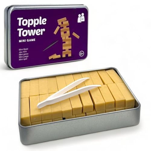MIJOMA Reisespiele in Metalldose – Kompakte Mini-Spiele zum Mitnehmen für Unterwegs, Spielspaß Lernspielzeug, 12x8 cm, Outdoor & Indoor (Topple Tower)