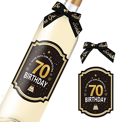 70. Geburtstag Flaschenetikett mit Schleife Schwarzes Gold Lack veredelt 8,5x10,5cm Happy Birthday 70 - Geburtstagsdeko Geburtstagsgeschenk Geschenke für Frauen Männer (70)