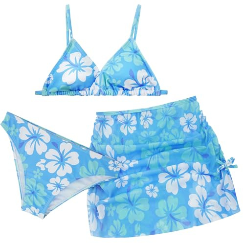 SEAUR Costume da Bagno 3 Pezzi Ragazza Bikini Floreale con Mutandine Gonna Corta Set di Costumi da Bagno per Piscina Nuoto Spiaggia Blu 1 14 Anni