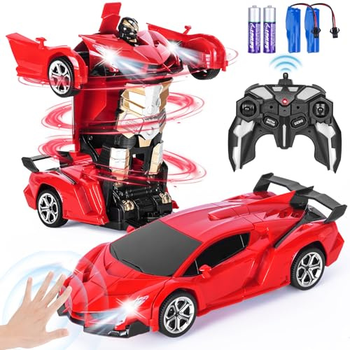 Highttoy Coche Robot Teledirigido Niños con Detección Gestos, Luz y Música | Transformación detección de gestos,Deformación/Demo automática con un solo botón,Rotación de 360°, 2 AA + 2 Pilas recargables