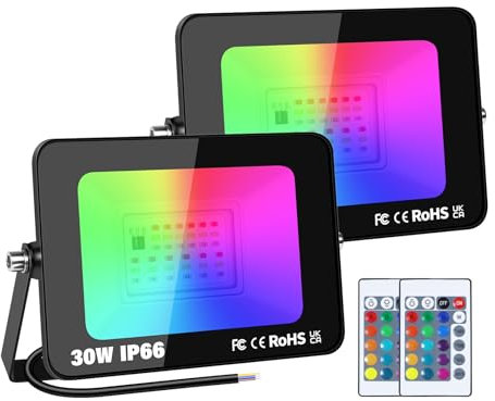 PICAA 2X 30W RGB LED Floodlight, Dimmable Colour Changing Flood Lights, Wall Garden Party Stage Light IP66 Outdoor Work Lamp