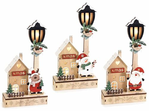 Gruppo Maruccia - Casette Natalizie in Legno con Lampione Luminoso - Decorazioni da Appoggiare - Segnaposto per la Tavola di Natale
