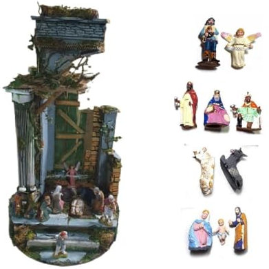 BLUSUPERSHOP TEMPIO presepe COMPLETO diametro 30 ALTO 60 cm LEGNO E sughero con O SENZA 11 PASTORI 10 CM terracotta O PLASTICA, IDONEO A RELATIVA CAMPANA DI VETRO