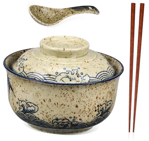 MOLUCKFU 1satz Ramen Nudel Schüssel Set Keramik Mit Deckel Essstäbchen Und Für Ramen Suppen Und Design Für Familie Und Gäste