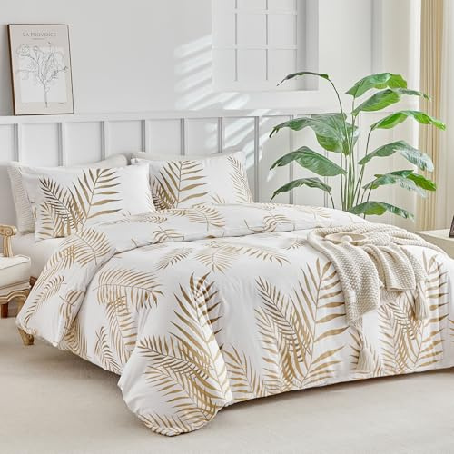 Tokokimo Weißes Bettwäsche-Set für King-Size-Betten, tropisches Blättermuster, gebürstete Mikrofaser, King-Size-Bettwäsche-Sets (1 x Bettbezug, 2 x Kissenbezüge), weißes Kingsize-Bettwäsche-Set 230 x