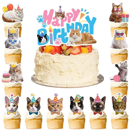 Kaxulvoblig Cat Cake Toppers, 24 Pcs Kitten Theme Cupcake Toppers + 1 Pcs Cat Birthday Cake Topper, Cat Cake Decorations for Cat Birthday & Party Decorations