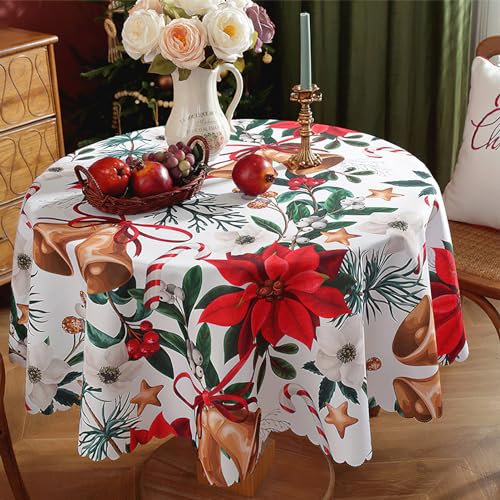 Tovaglia natalizia, 152 cm, con rami di agrifoglio, campane, lavabile, per Natale, feste, picnic, tavolo da pranzo